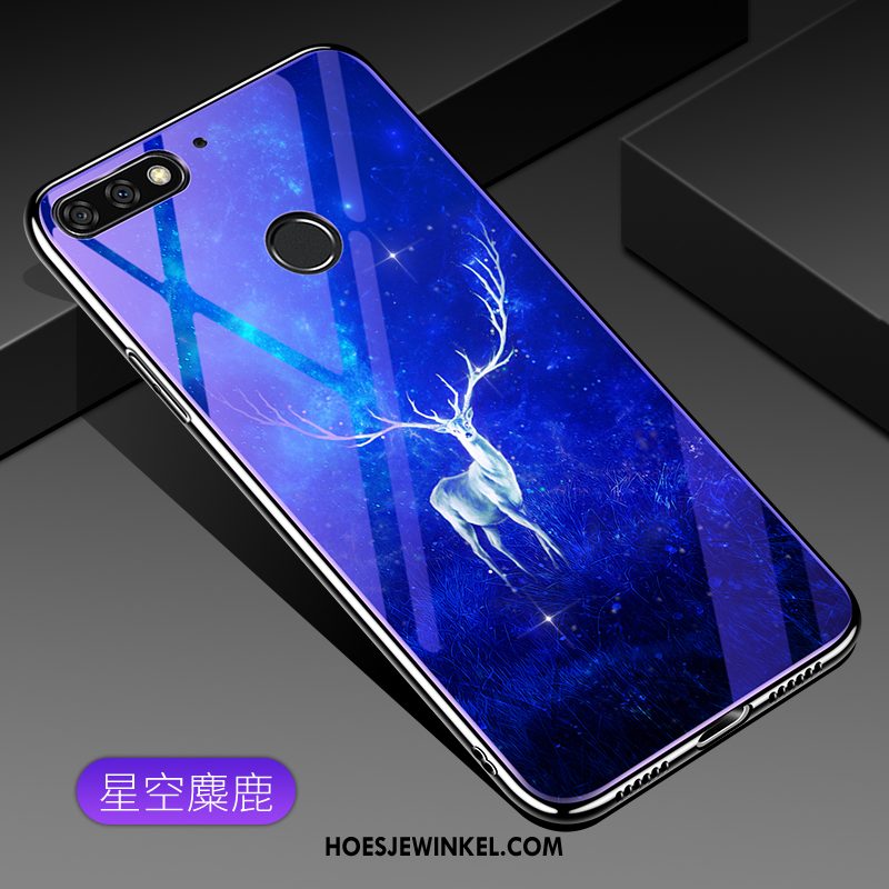 Huawei Y7 2018 Hoesje Bescherming Gehard Glas Blauw, Huawei Y7 2018 Hoesje Mobiele Telefoon Hoes