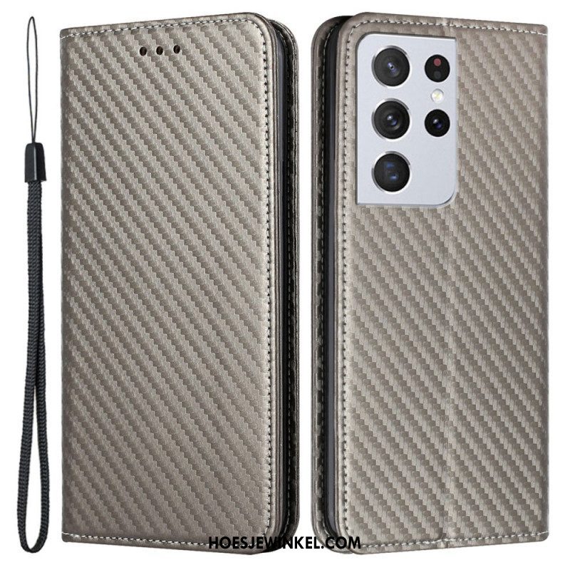 Bescherming Hoesje voor Samsung Galaxy S21 Ultra 5G Met Ketting Folio-hoesje Band Van Koolstofvezel