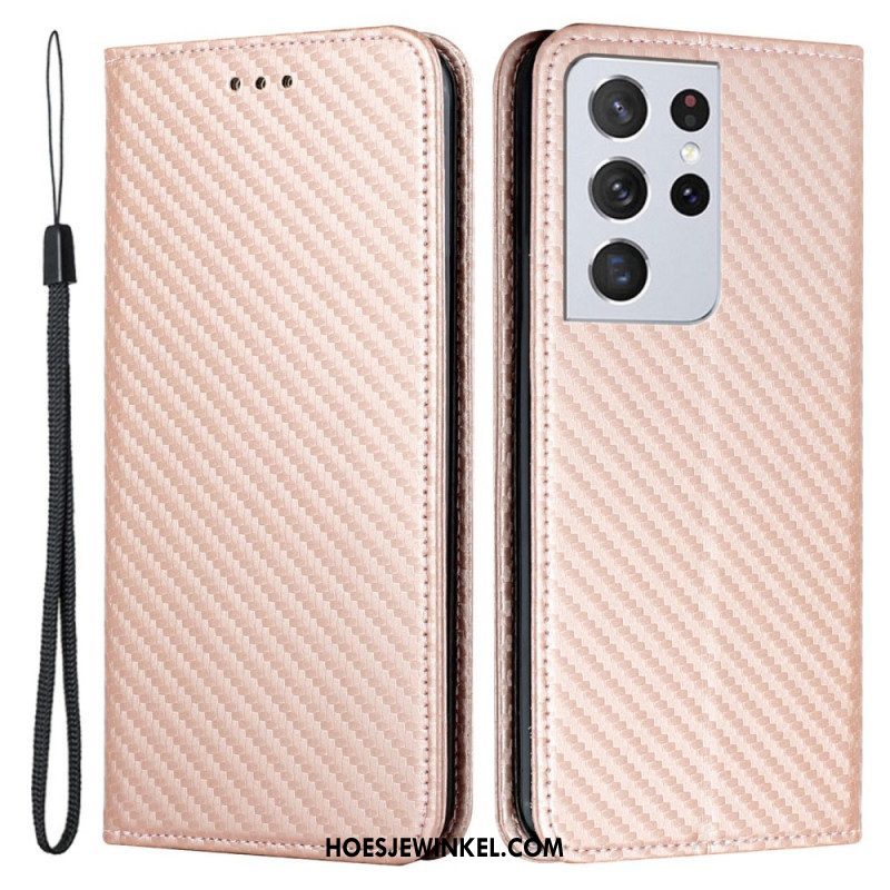 Bescherming Hoesje voor Samsung Galaxy S21 Ultra 5G Met Ketting Folio-hoesje Band Van Koolstofvezel