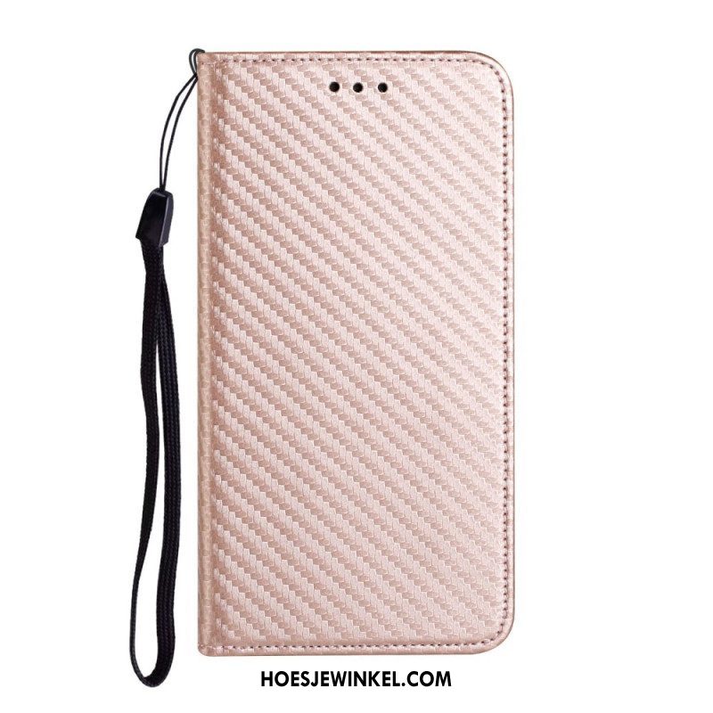 Bescherming Hoesje voor Samsung Galaxy S23 Ultra 5G Met Ketting Folio-hoesje Stijl Van Koolstofvezel Met Bandjes