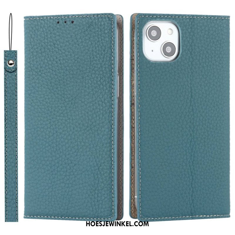 Bescherming Hoesje voor iPhone 14 Plus Met Ketting Folio-hoesje Echte Litchi Lederen Band