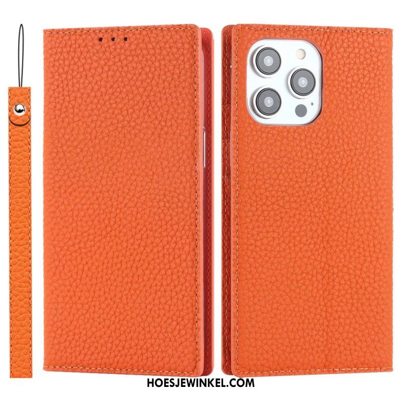 Bescherming Hoesje voor iPhone 14 Pro Max Met Ketting Folio-hoesje Echte Litchi Lederen Band