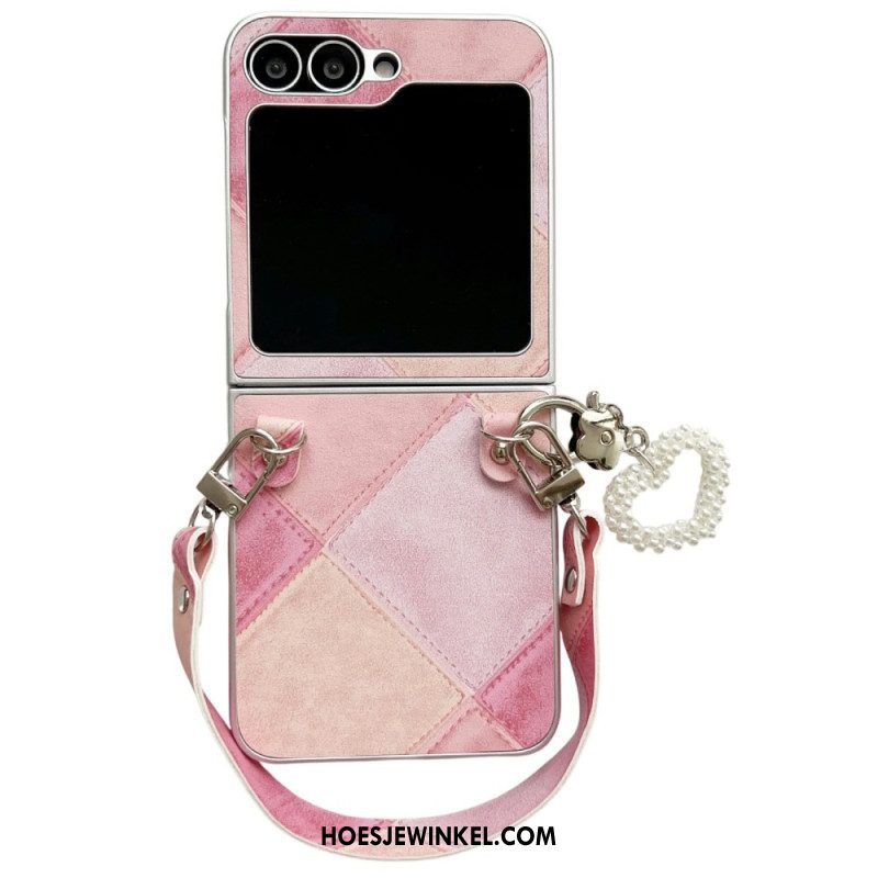 Case Hoesje Samsung Galaxy Z Flip 7 Fe Telefoonhoesje Diamantpatroon Met Bandje