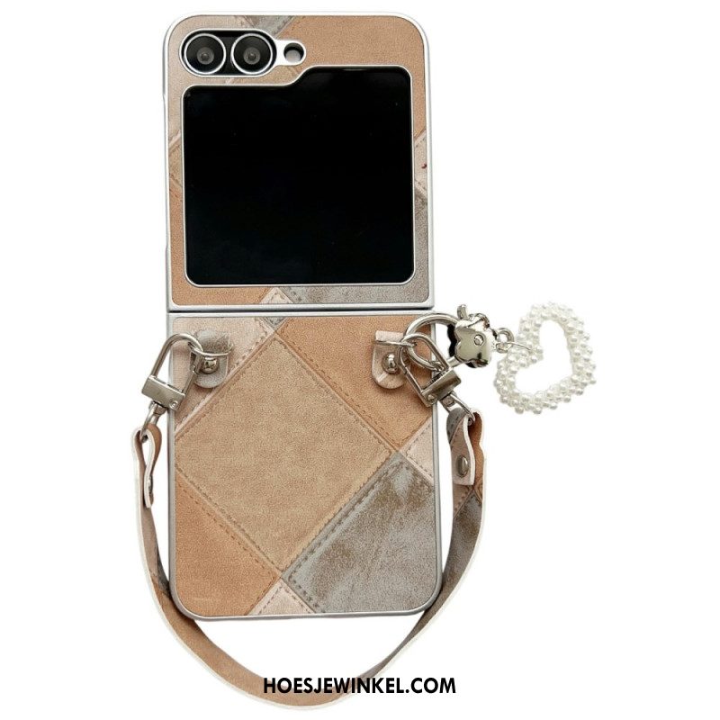 Case Hoesje Samsung Galaxy Z Flip 7 Fe Telefoonhoesje Diamantpatroon Met Bandje