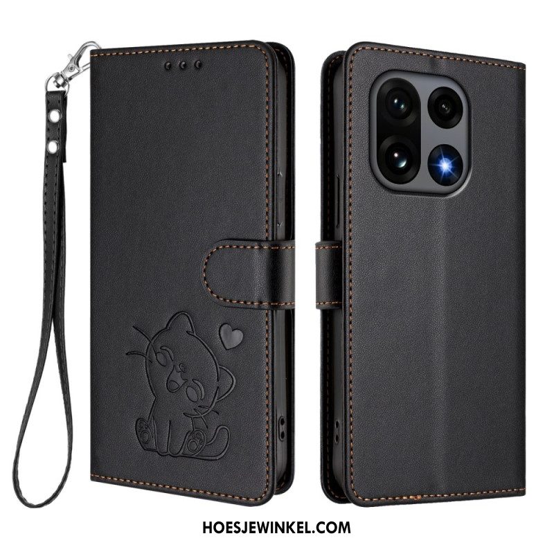 Flip Case Leren Oneplus 15 Kleine Kat Met Riempje