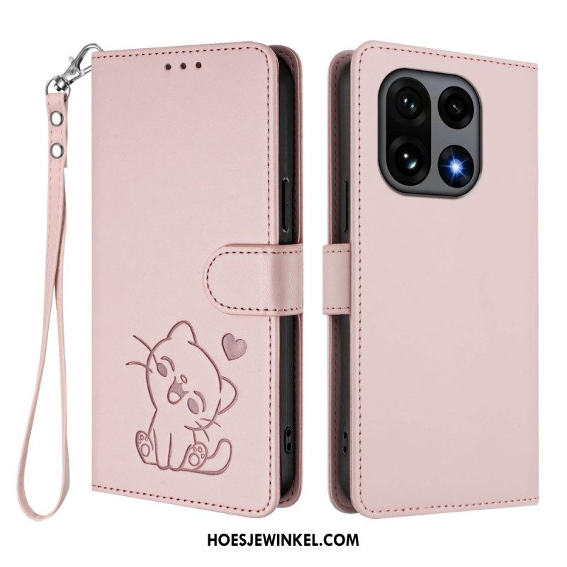 Flip Case Leren Oneplus 15 Kleine Kat Met Riempje