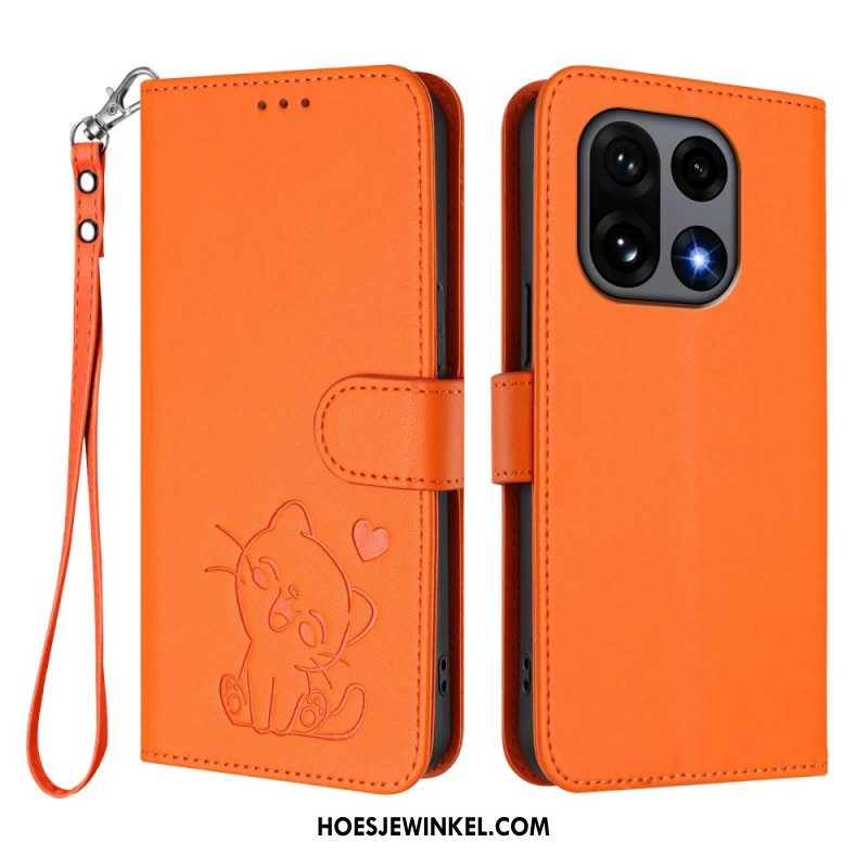 Flip Case Leren Oneplus 15 Kleine Kat Met Riempje