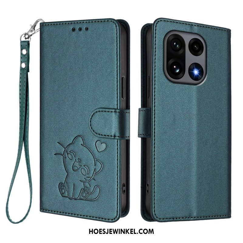 Flip Case Leren Oneplus 15 Kleine Kat Met Riempje