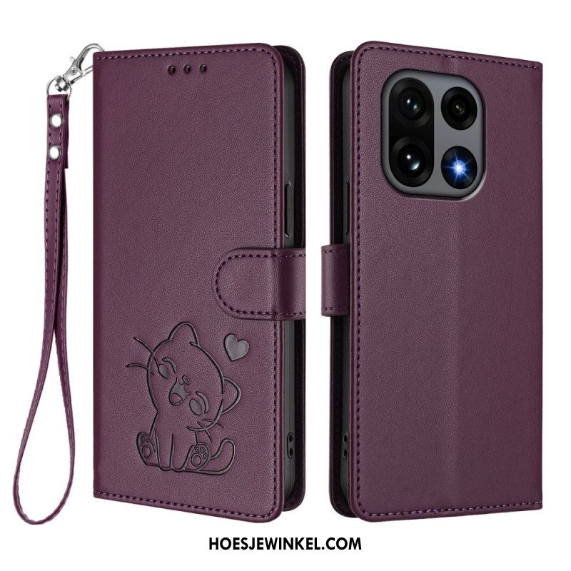 Flip Case Leren Oneplus 15 Kleine Kat Met Riempje