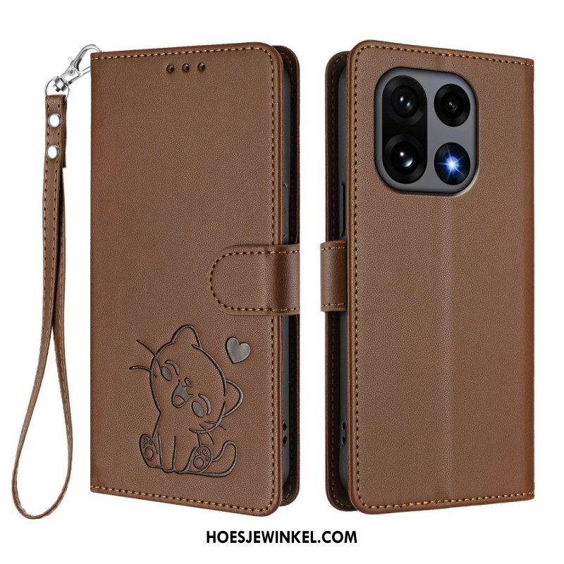 Flip Case Leren Oneplus 15 Kleine Kat Met Riempje