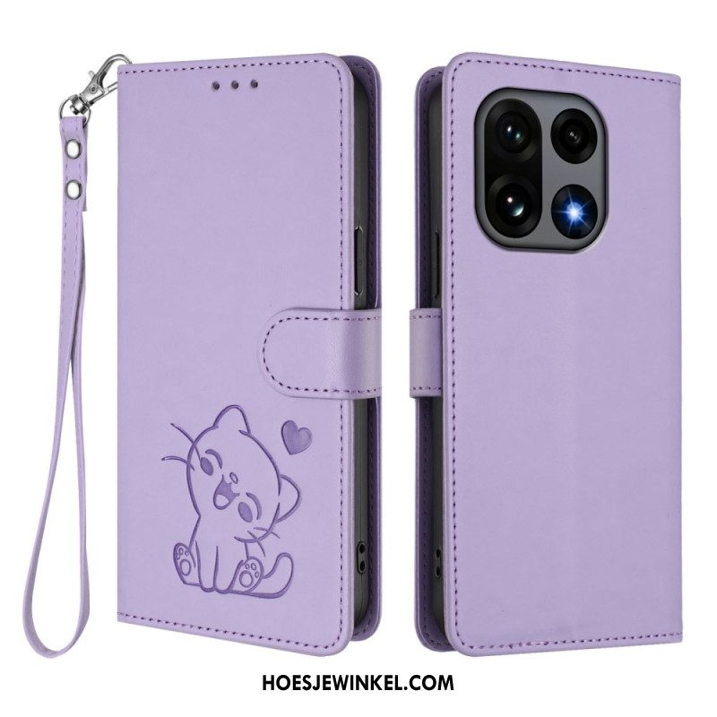 Flip Case Leren Oneplus 15 Kleine Kat Met Riempje