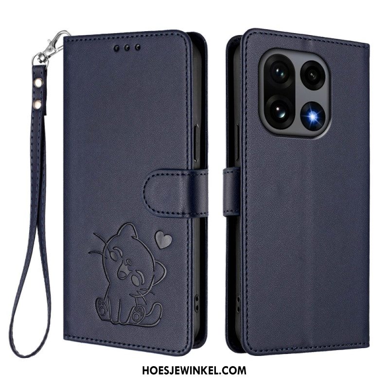 Flip Case Leren Oneplus 15 Kleine Kat Met Riempje