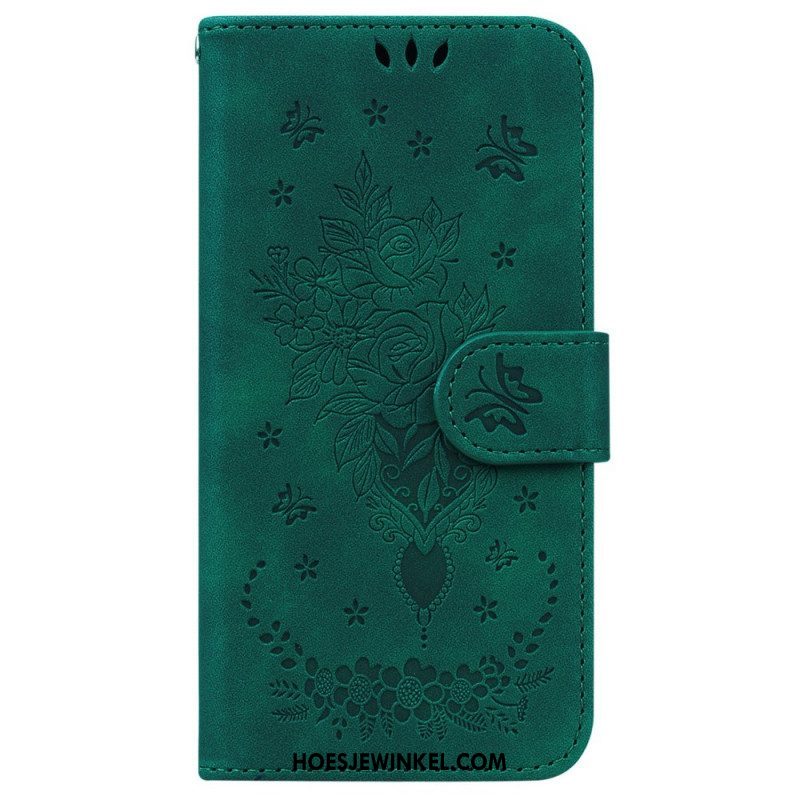 Flip Case voor OnePlus 10 Pro 5G Met Ketting Strappy Rozen En Vlinders