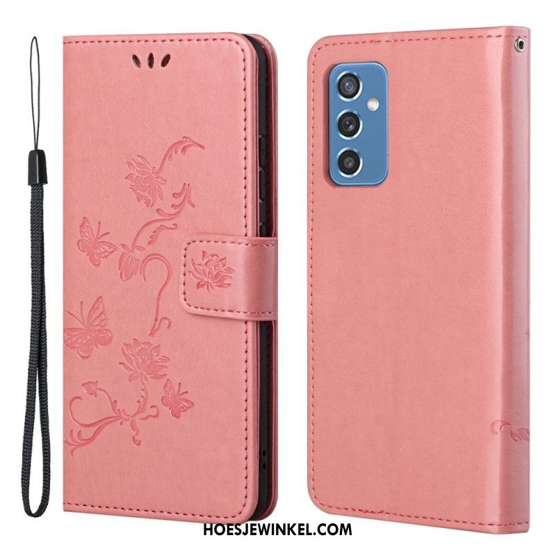 Flip Case voor Samsung Galaxy M52 5G Met Ketting Vlinders En Bloemen Riem