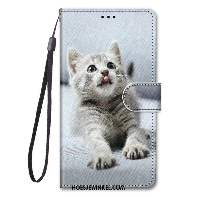 Flip Case voor Samsung Galaxy M53 5G Met Ketting Grijze Kitten Met Riem