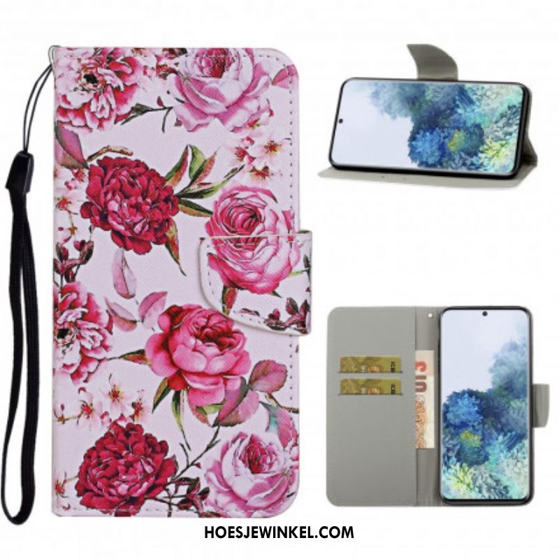 Flip Case voor Samsung Galaxy S21 Ultra 5G Meesterlijke Bloemen Met Riem