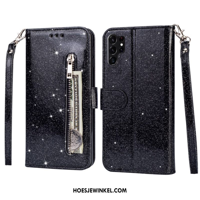 Folio-hoesje Samsung Galaxy S25 Ultra 5g Telefoonhoesje Glittertasje Met Bandje
