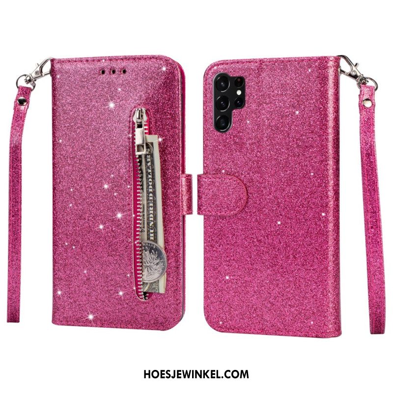 Folio-hoesje Samsung Galaxy S25 Ultra 5g Telefoonhoesje Glittertasje Met Bandje