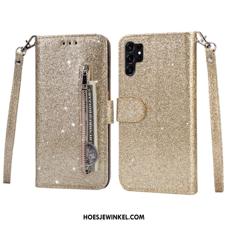 Folio-hoesje Samsung Galaxy S25 Ultra 5g Telefoonhoesje Glittertasje Met Bandje