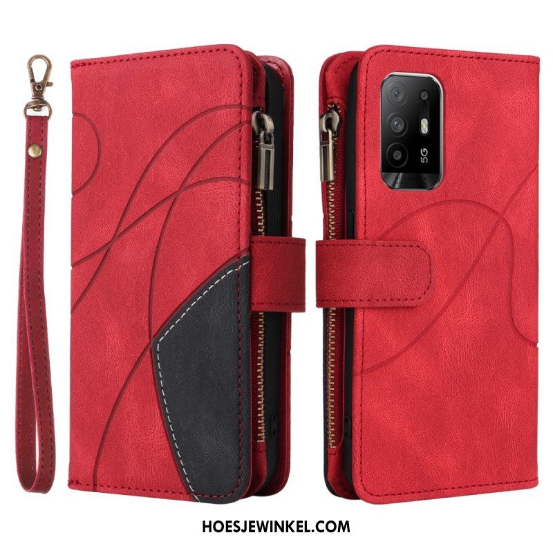 Folio-hoesje voor Oppo A94 5G Tweekleurige Portemonnee Met Lanyard