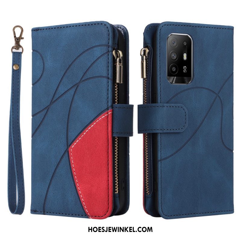 Folio-hoesje voor Oppo A94 5G Tweekleurige Portemonnee Met Lanyard