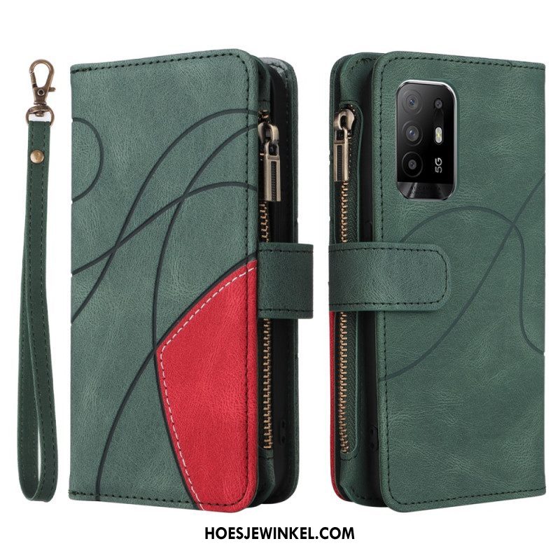 Folio-hoesje voor Oppo A94 5G Tweekleurige Portemonnee Met Lanyard