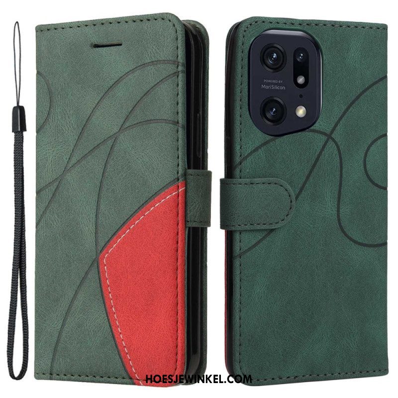 Folio-hoesje voor Oppo Find X5 Pro Met Ketting Tweekleurige Riem