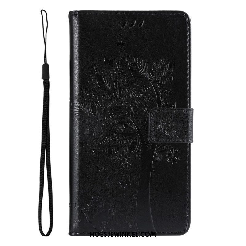 Folio-hoesje voor Samsung Galaxy A14 / A14 5G Met Ketting Boom En Strappy Cat