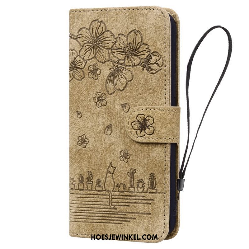 Folio-hoesje voor Samsung Galaxy A54 5G Met Ketting Bloemen String Kat