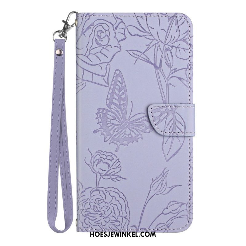 Folio-hoesje voor Samsung Galaxy M13 Discrete Vlinders En Lanyard