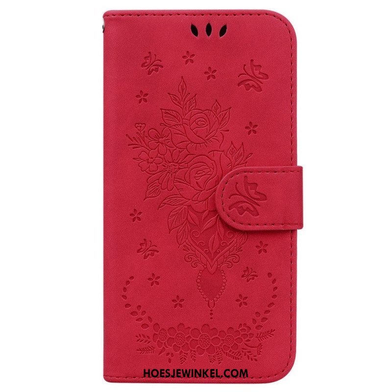 Folio-hoesje voor Samsung Galaxy M13 Met Ketting Strappy Rozen En Vlinders