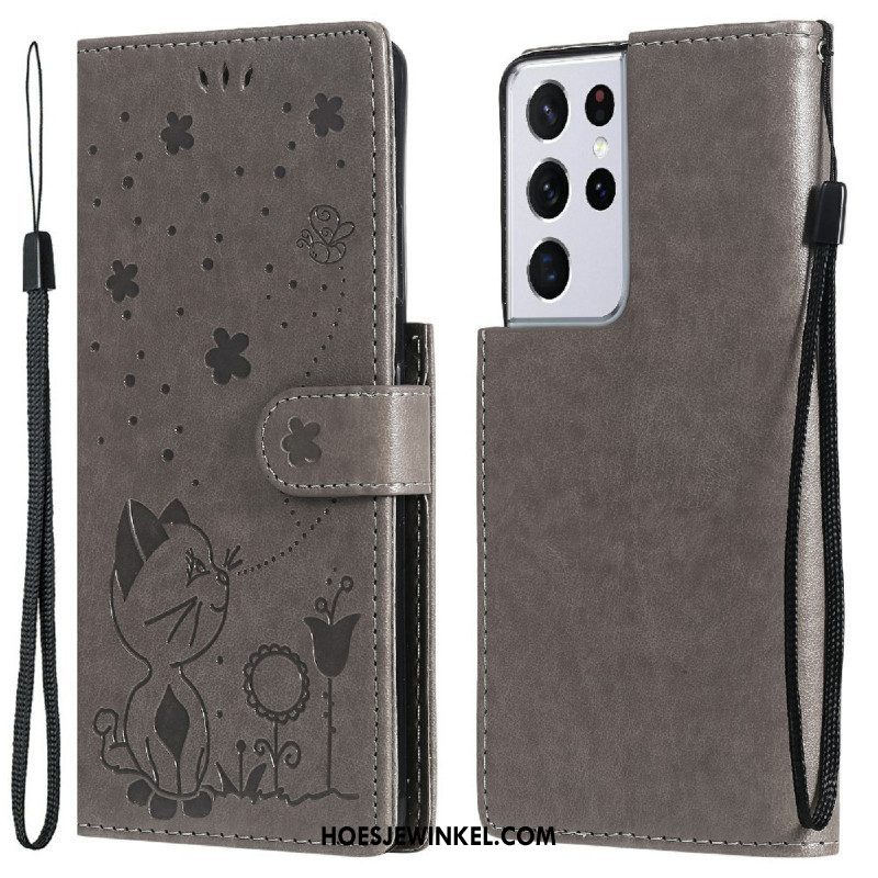 Folio-hoesje voor Samsung Galaxy S21 Ultra 5G Met Ketting Kat En Bij Met Lanyard