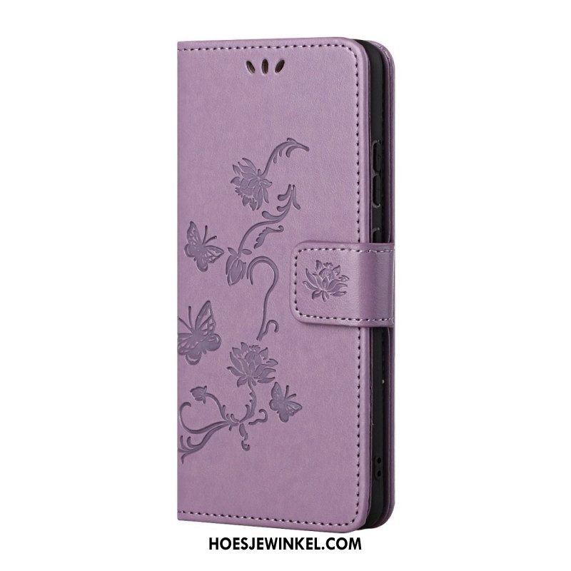 Folio-hoesje voor Samsung Galaxy S22 Plus 5G Met Ketting String Vlinders En Bloemen