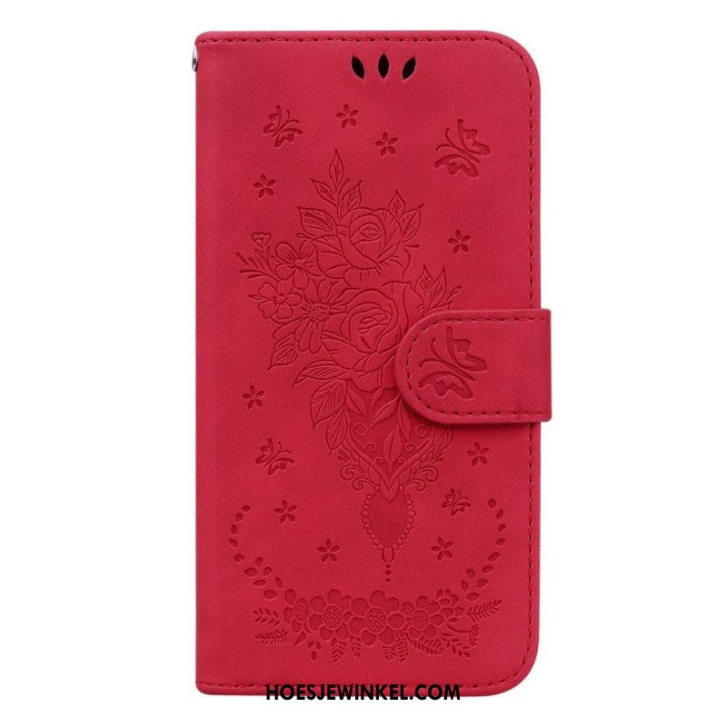 Folio-hoesje voor Samsung Galaxy S23 Plus 5G Met Ketting Strappy Rozen En Vlinders