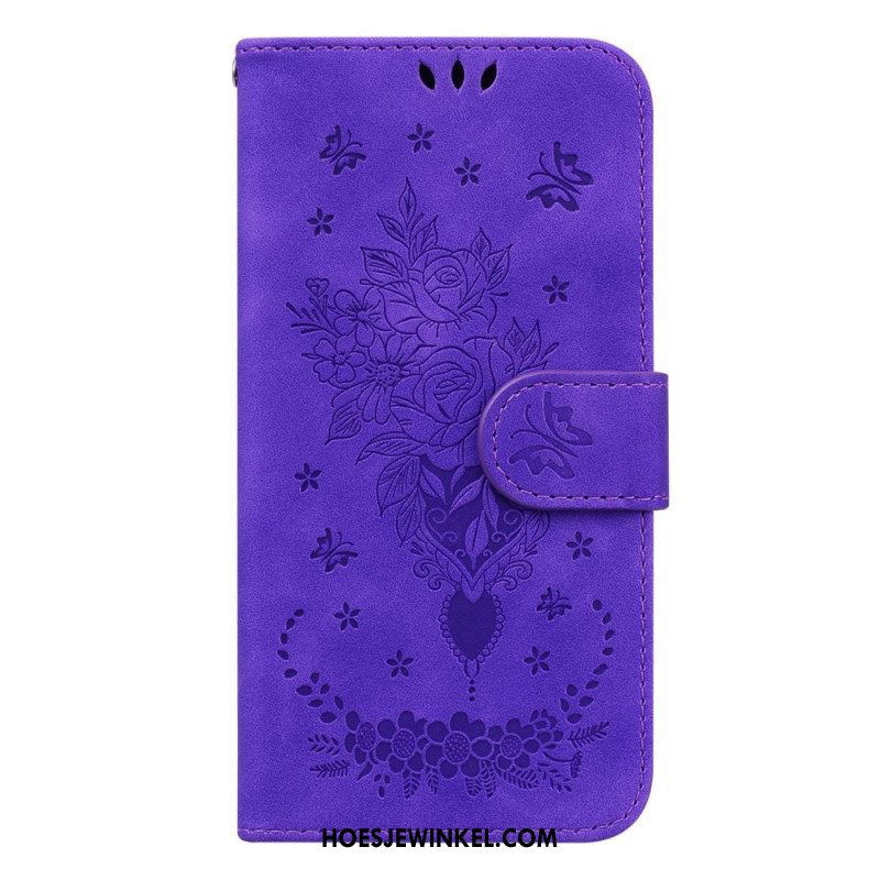 Folio-hoesje voor Samsung Galaxy S23 Plus 5G Met Ketting Strappy Rozen En Vlinders