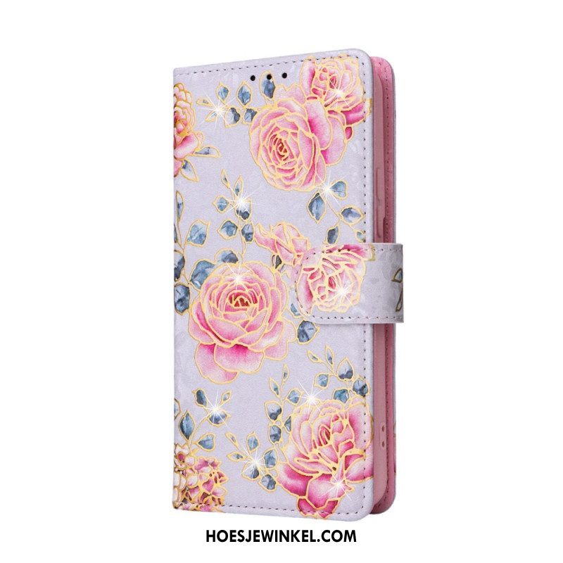 Folio-hoesje voor Samsung Galaxy S23 Plus 5G Rfid-bloemen Met Sleutelkoord