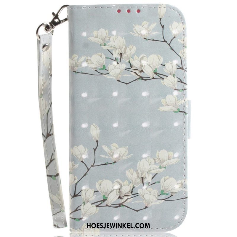 Folio-hoesje voor Samsung Galaxy S23 Ultra 5G Met Ketting Witte Bloemen Met Bandjes