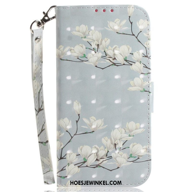 Folio-hoesje voor Sony Xperia 1 IV Met Ketting Witte Bloemen Met Bandjes