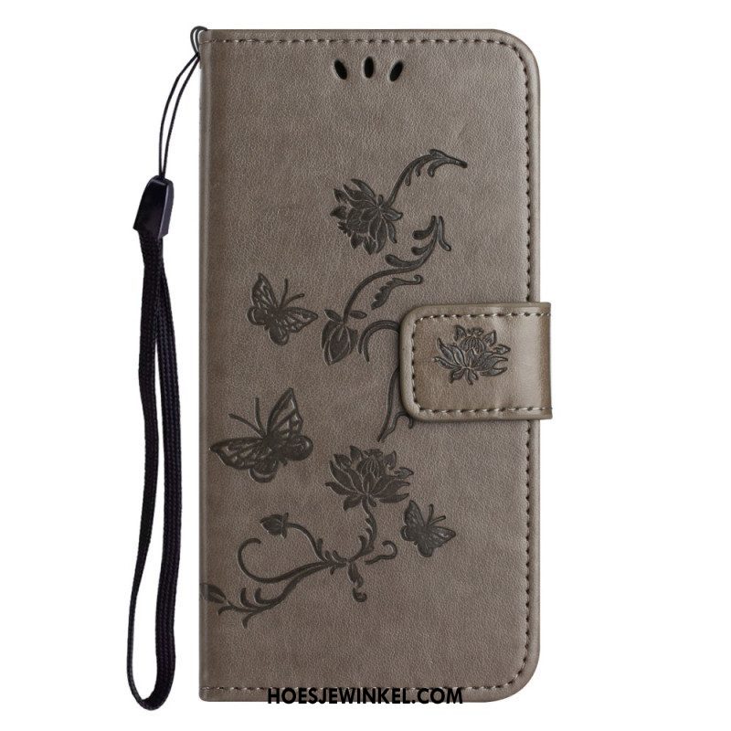 Folio-hoesje voor Xiaomi Redmi Note 12 4G Met Ketting Bloemen En Vlinders Met Riem