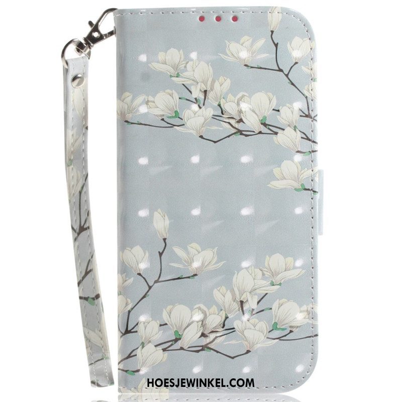 Folio-hoesje voor Xiaomi Redmi Note 12 4G Met Ketting Witte Bloemen Met Bandjes