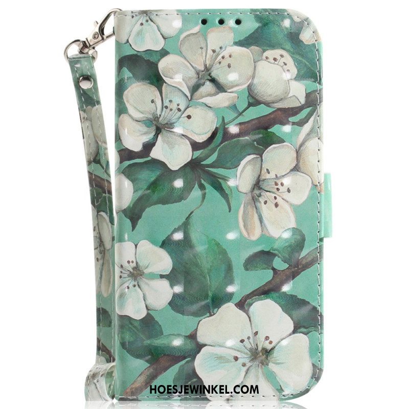 Folio-hoesje voor Xiaomi Redmi Note 12 4G Met Ketting Witte Bloemen Met Bandjes