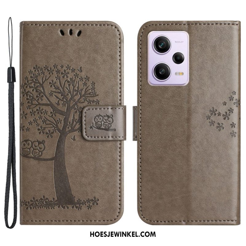 Folio-hoesje voor Xiaomi Redmi Note 12 5G Met Ketting String Boom En Uilen