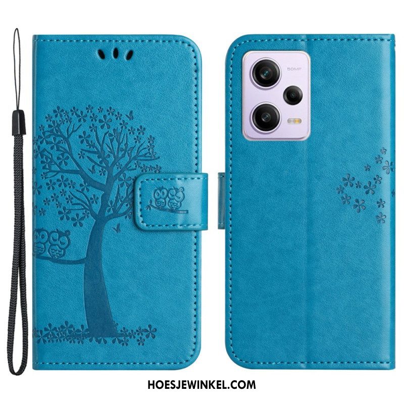 Folio-hoesje voor Xiaomi Redmi Note 12 5G Met Ketting String Boom En Uilen