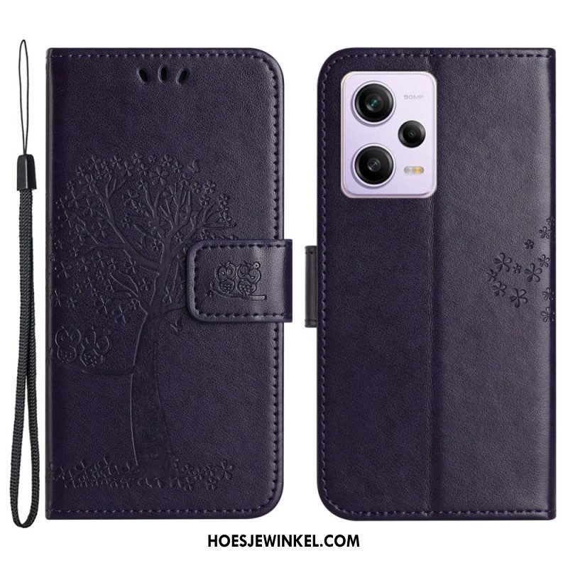 Folio-hoesje voor Xiaomi Redmi Note 12 5G Met Ketting String Boom En Uilen