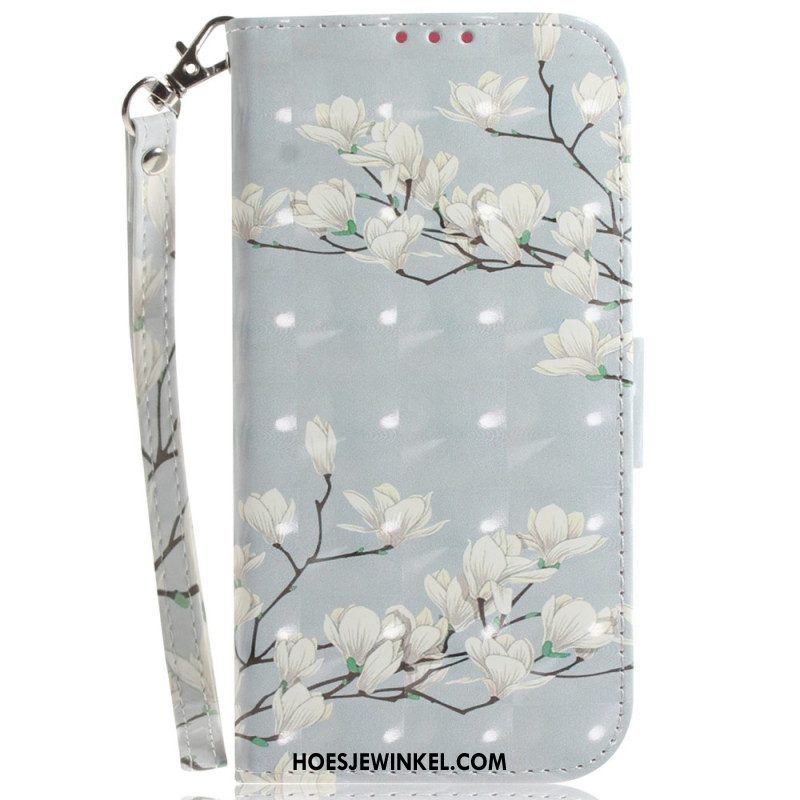 Folio-hoesje voor Xiaomi Redmi Note 12 5G Met Ketting Witte Bloemen Met Bandjes