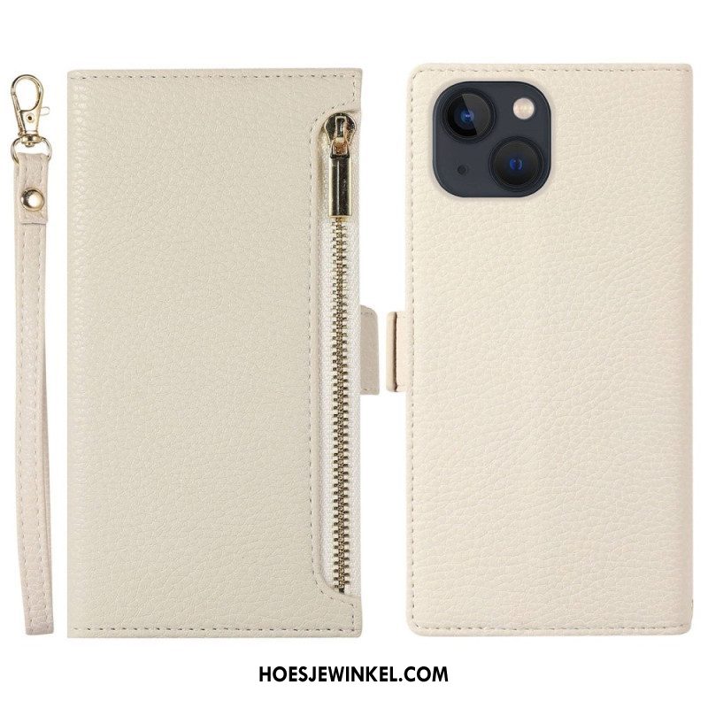 Folio-hoesje voor iPhone 14 Plus Met Ketting Litchi Leer Met Riem En Ritssluiting