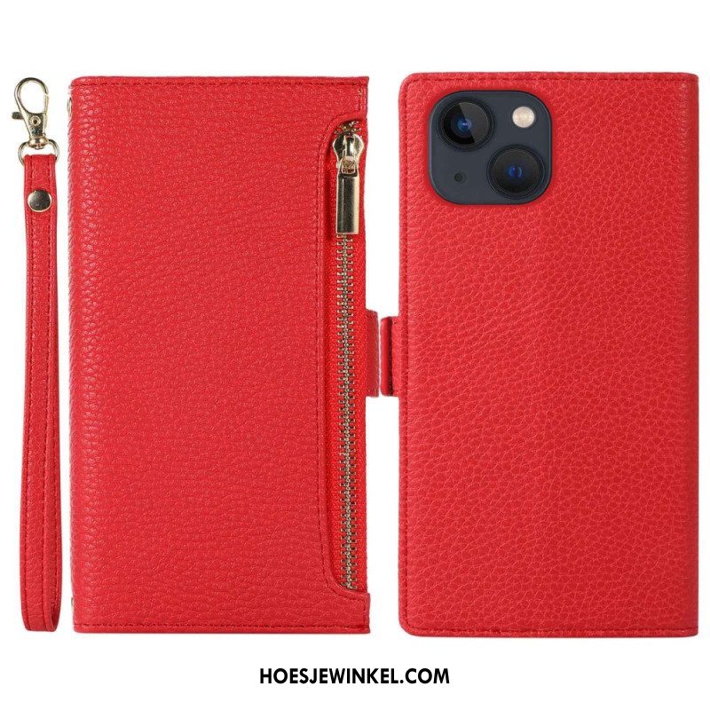 Folio-hoesje voor iPhone 14 Plus Met Ketting Litchi Leer Met Riem En Ritssluiting