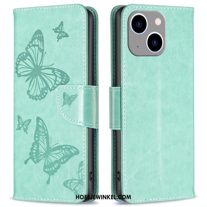 Folio-hoesje voor iPhone 14 Plus Met Ketting Vlinders Bedrukte Strappy