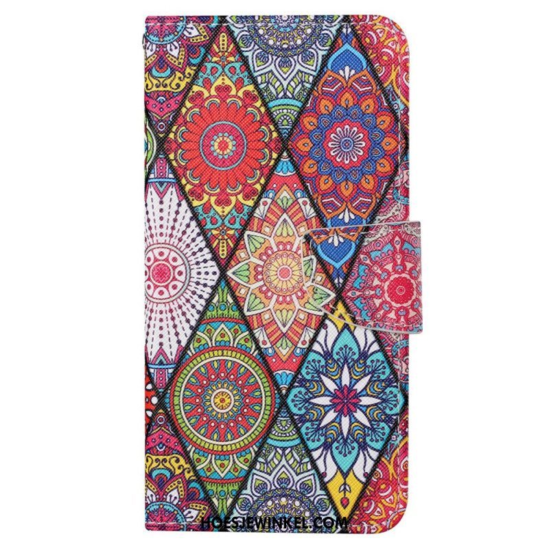 Folio-hoesje voor iPhone 15 Met Ketting Mooi Patchwork Met Riempje