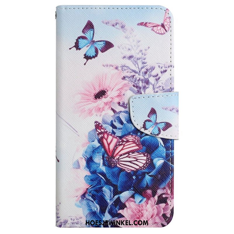 Folio-hoesje voor iPhone 15 Met Ketting Vlinders En Bloemen Met Riempje